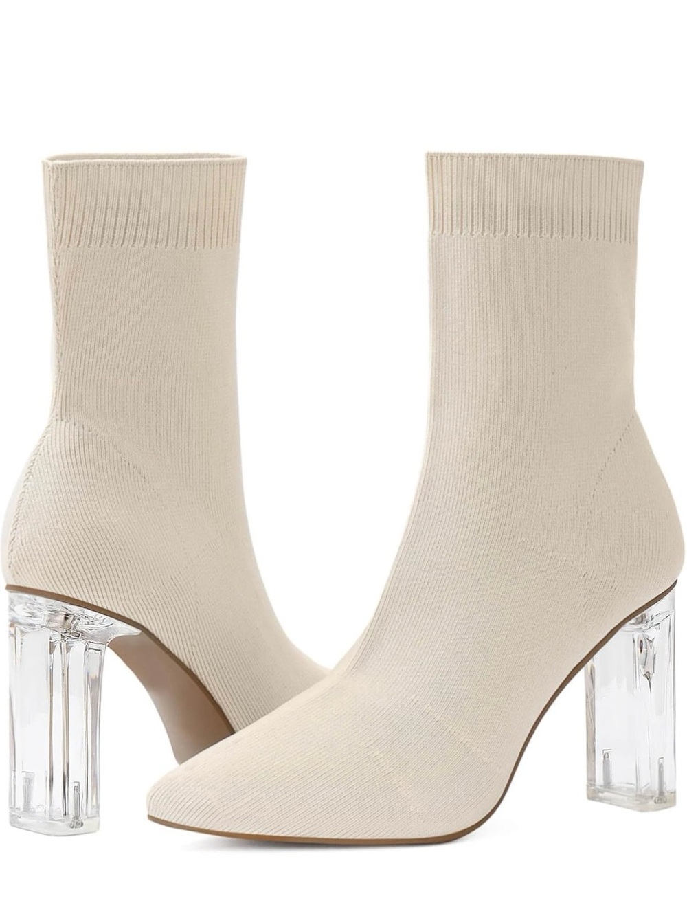 Knit Sock Booties with Clear Block Heels - Cream. Brand New! (Size 10)